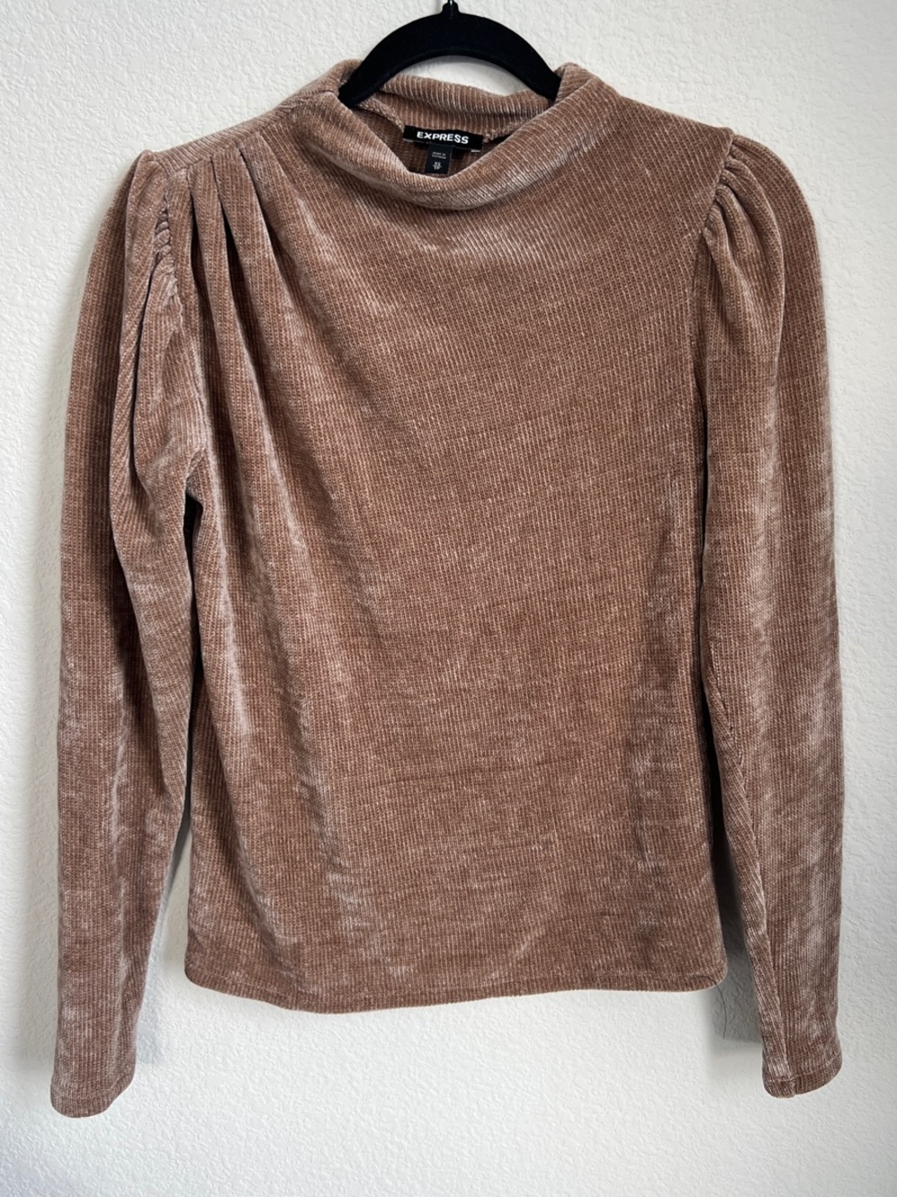 Express Velvet Puff-Sleeve Mock Neck Top in Taupe Brown